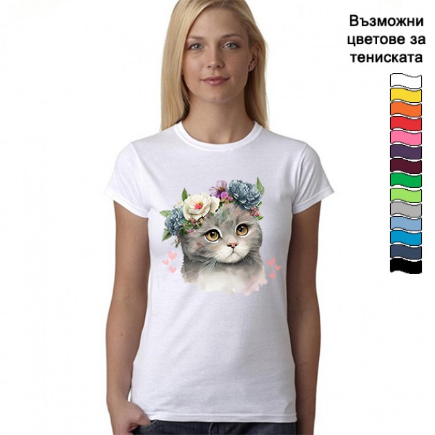 Дамска тениска Коте с венец от цветя