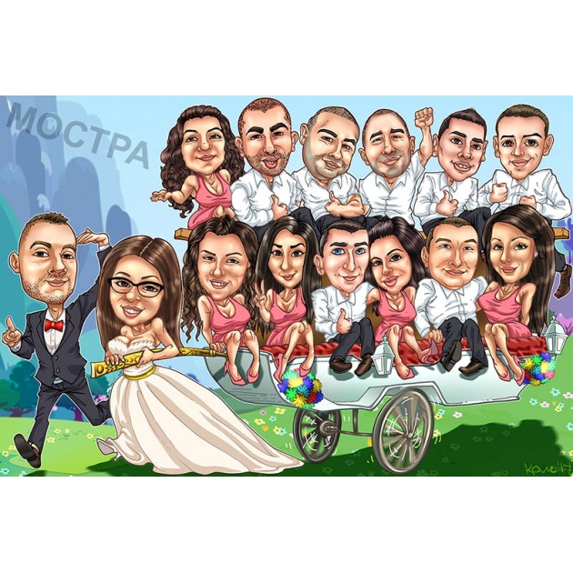 Дигитална карикатура Веселата група, с 4 или повече лица, размер А3